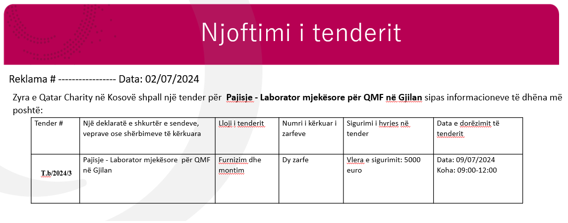 Ftesë për tender: Pajisje - Laborator mjekësore për QMF në Gjilan